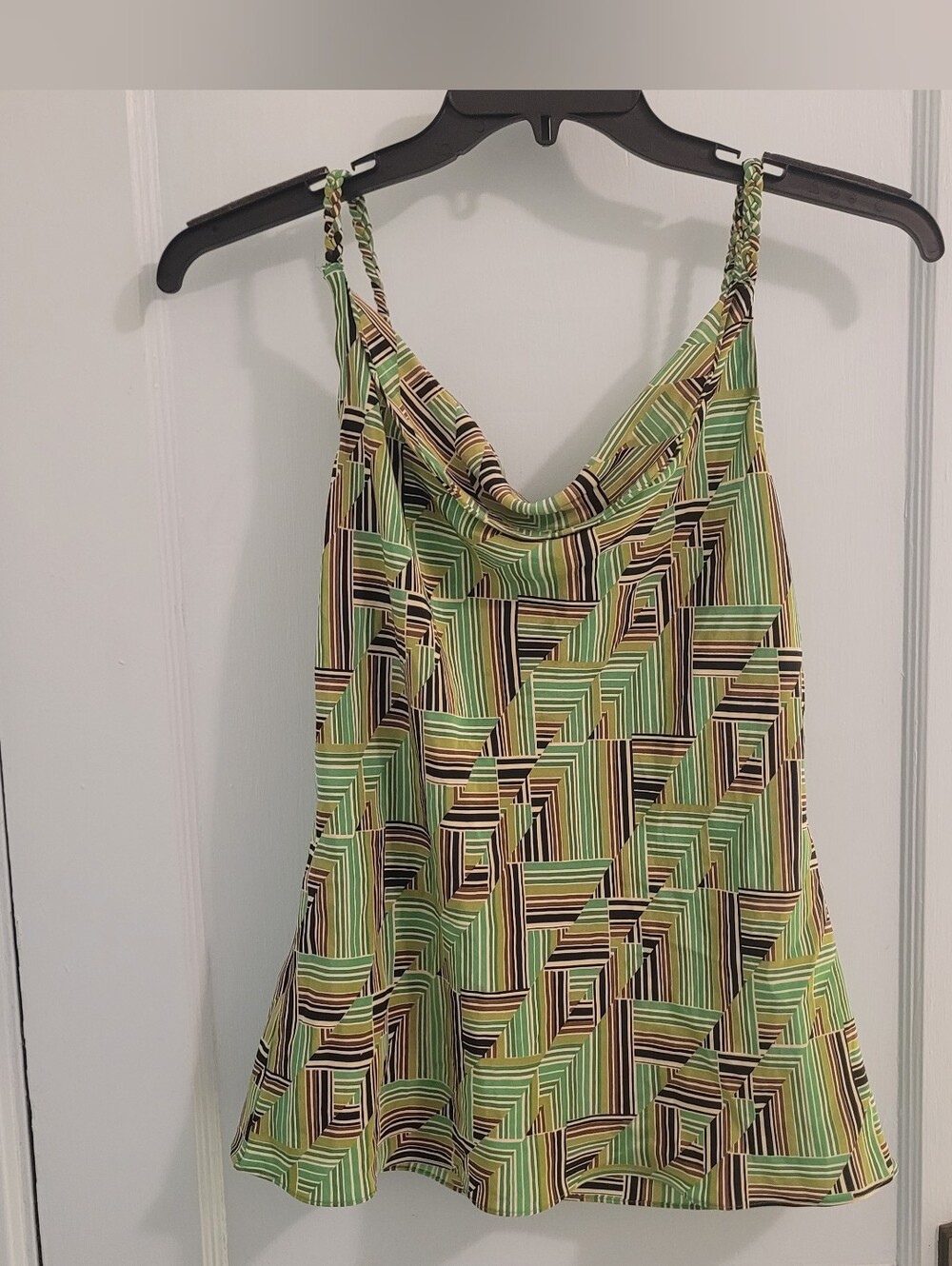 Green Geometric Cowl Neck Women’s Tank Top %100 Silk Y2K